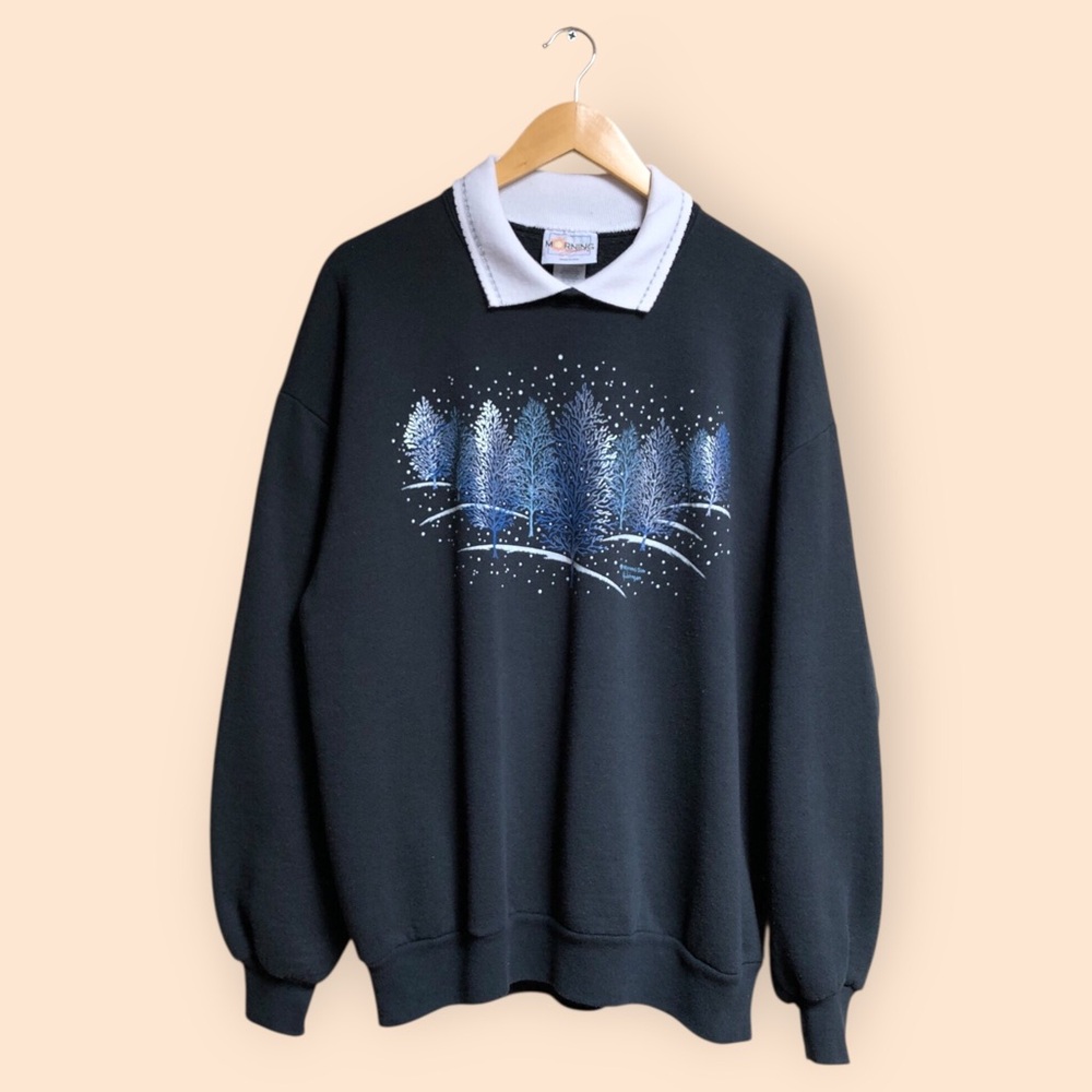 Vintage 90s Morning Sun Collared Crewneck Sweatshirt Winter Trees USA Women’s XL